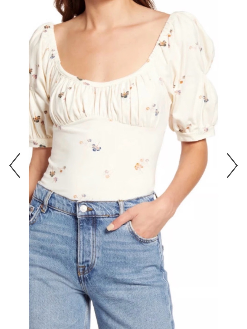 Free People Cream Floral Scoop-Neck Bodysuit